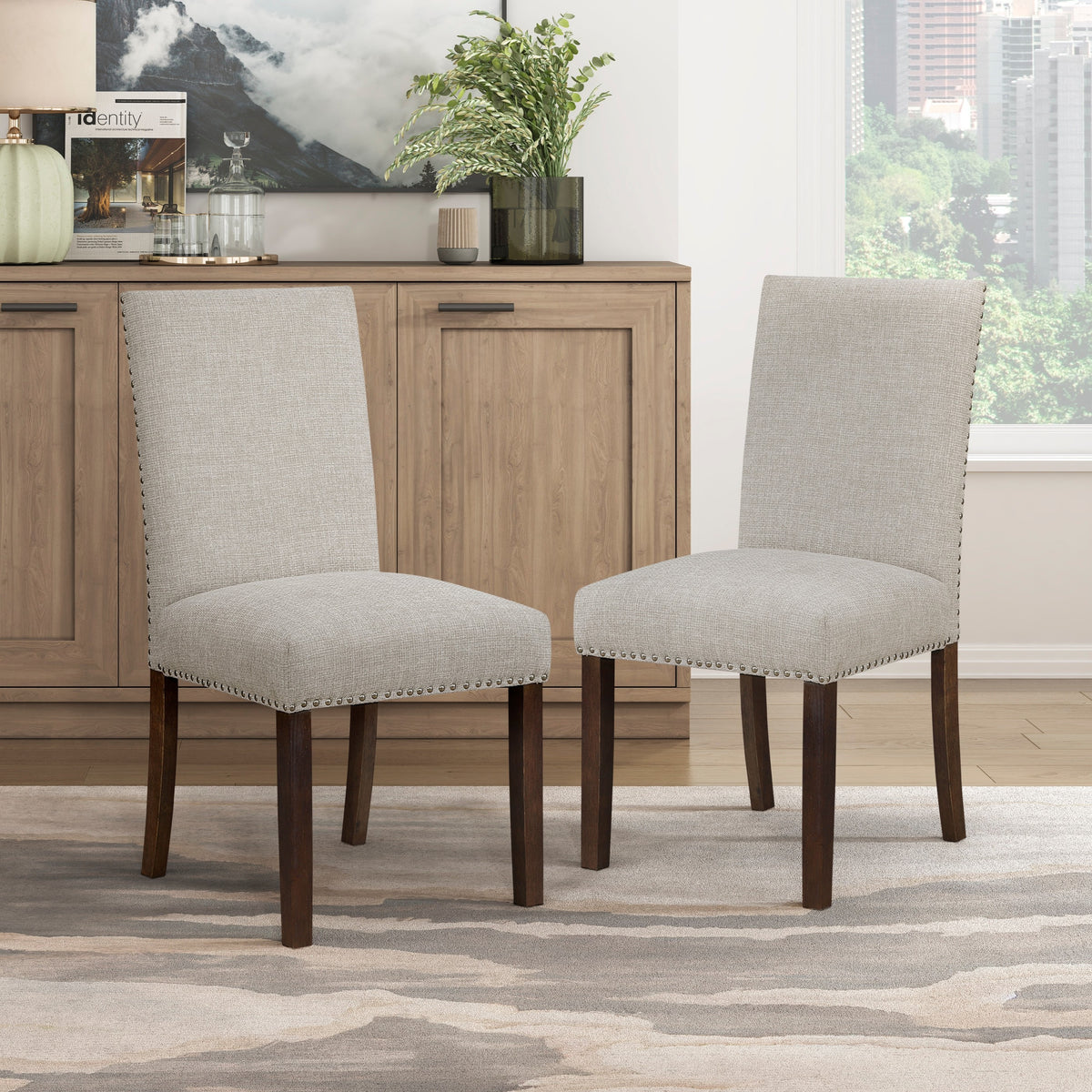 Taupe Brown Dining Chairs Set of 2, Full Upholstered Comfort Seat Back Nailhead Trim Wooden Dining Furniture