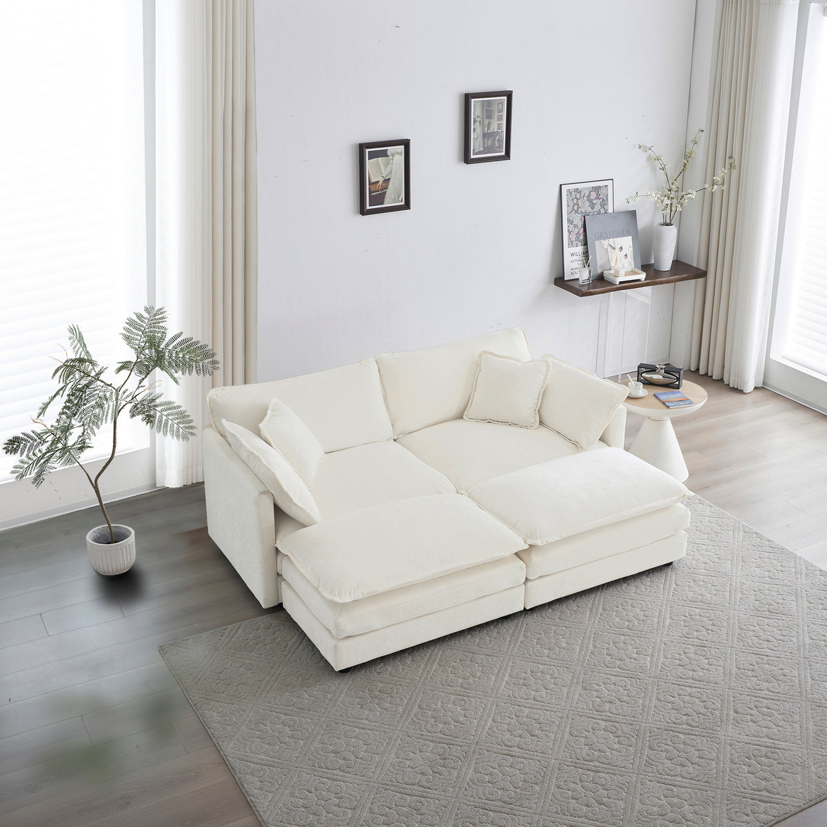 White Chenille 4-Piece Modular Sectional Sofa | 2-Seater Loveseat Lounge with 2 Ottomans (Convertible U/L-Shaped)