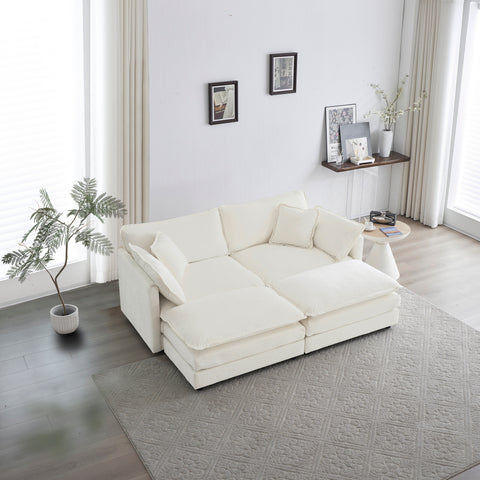 White Chenille 4-Piece Modular Sectional Sofa | 2-Seater Loveseat Lounge with 2 Ottomans (Convertible U/L-Shaped)