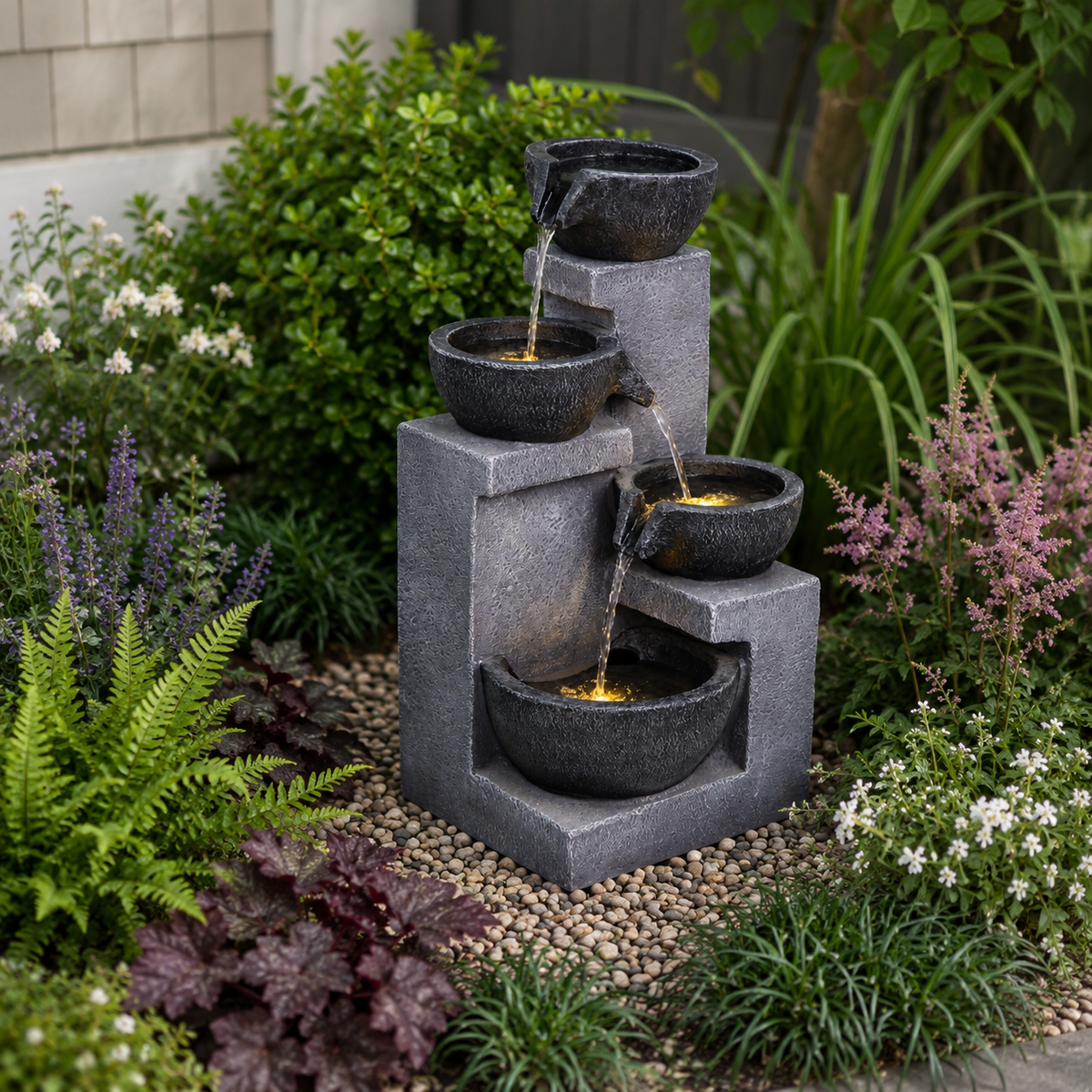 4-Tier Bowl Fountain with Warm LED Lights, 20.9 in Gray Resin
