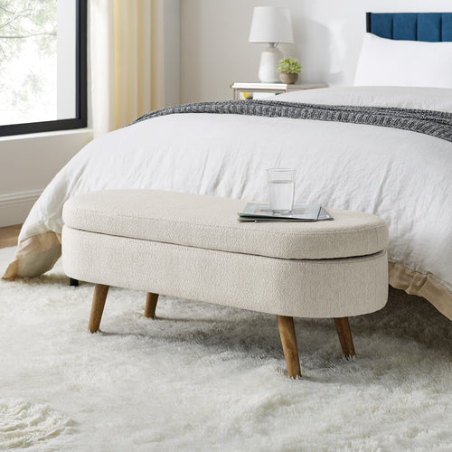 Oval Storage Ottoman Bench with Rubberwood Legs, 43.5" Pleated Upholstered Footstool, Cream White
