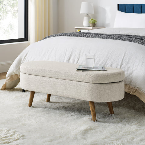 Cream White Oval Storage Bench – 3D Lamb Fleece Fabric with Large Storage for Living Room or Bedroom