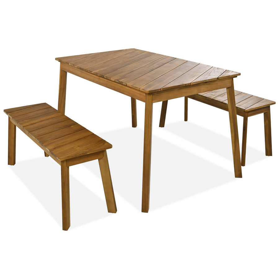 three-piece acacia wood dining set with table and two benches - view 7