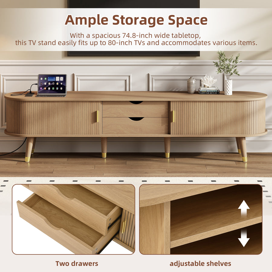 Fluted Oval TV Stand with Charging Station, Natural, view 4