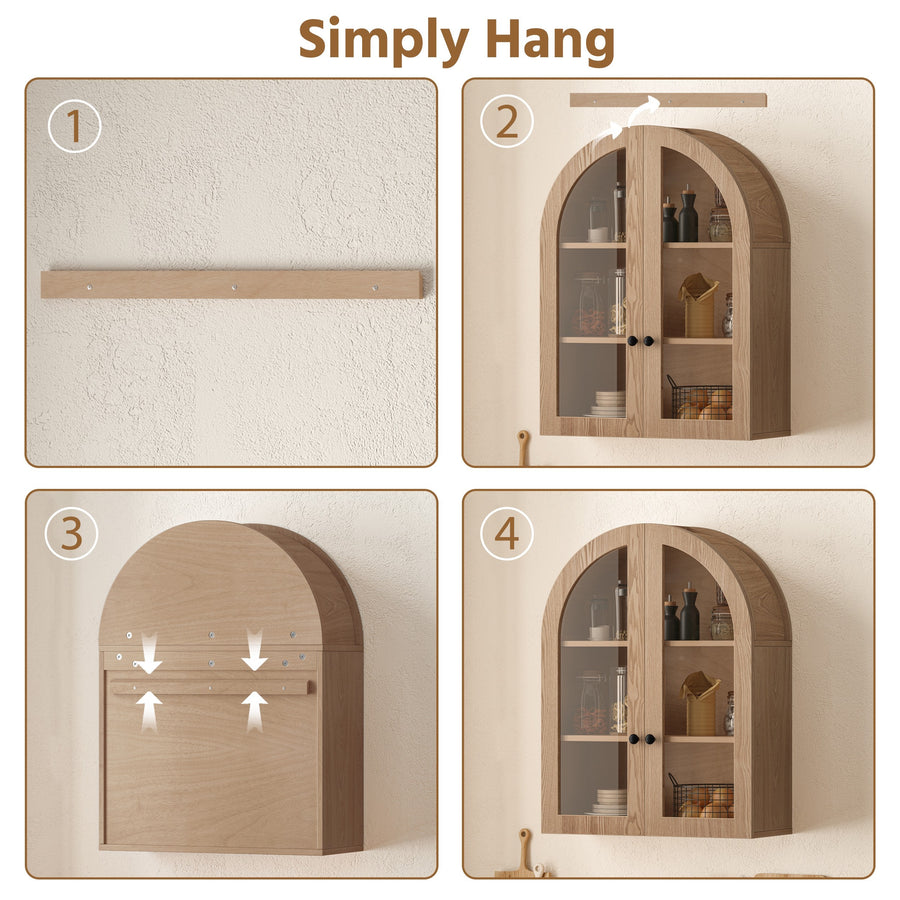 Arched Wall Cabinet with Tempered Glass Doors, Light Brown, view 6