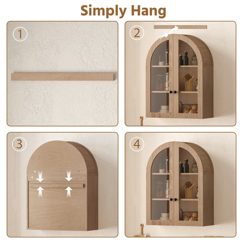 Arched Wall Cabinet with Tempered Glass Doors, Light Brown, view 6