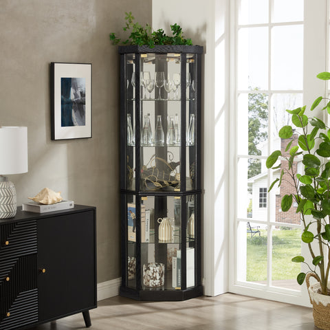 Lighted Corner Curio Cabinet with Glass Doors and Mirrored Back, Black, view 4