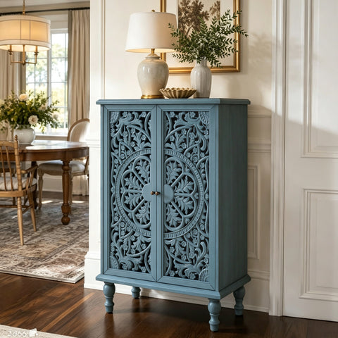 Farmhouse Accent Cabinet with Carved Hollow Doors and Turned Legs, Antique Blue, view 5