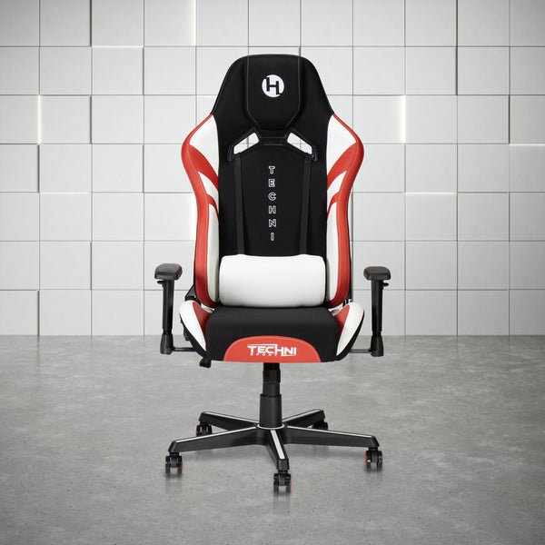 Gaming Chair with Built-In Headrest and Lumbar Pillow, Adjustable Height, Black with Red and White