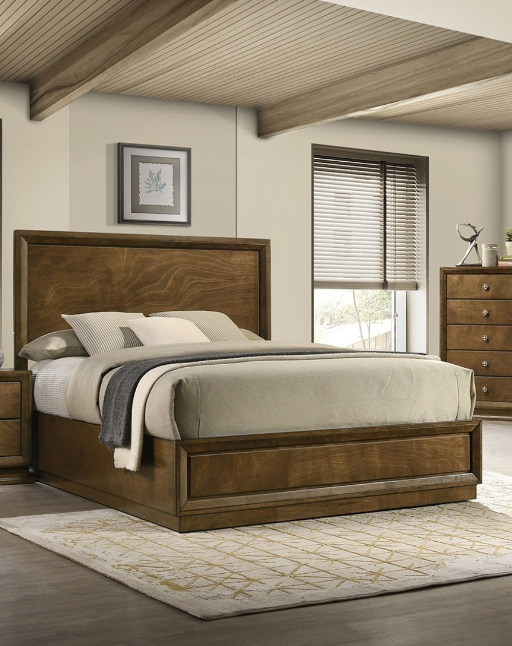 Transitional Full Panel Bed with Tall Carved Headboard, Walnut