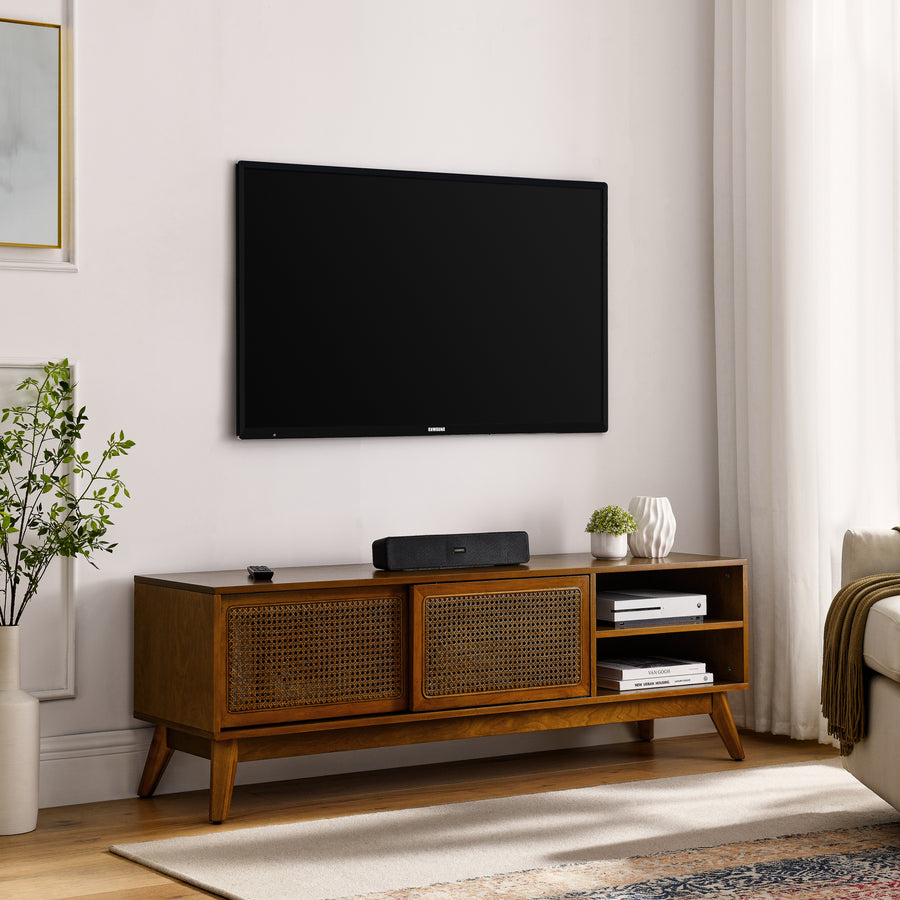 Mid-Century Rattan TV Stand for TVs Up to 65", Light Wood, view 3