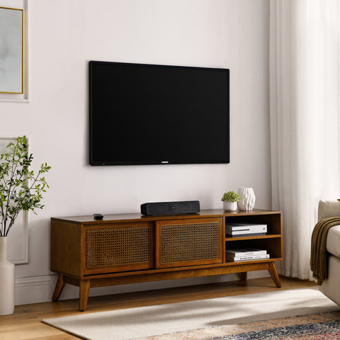 Mid-Century Rattan TV Stand for TVs Up to 65", Light Wood, view 3