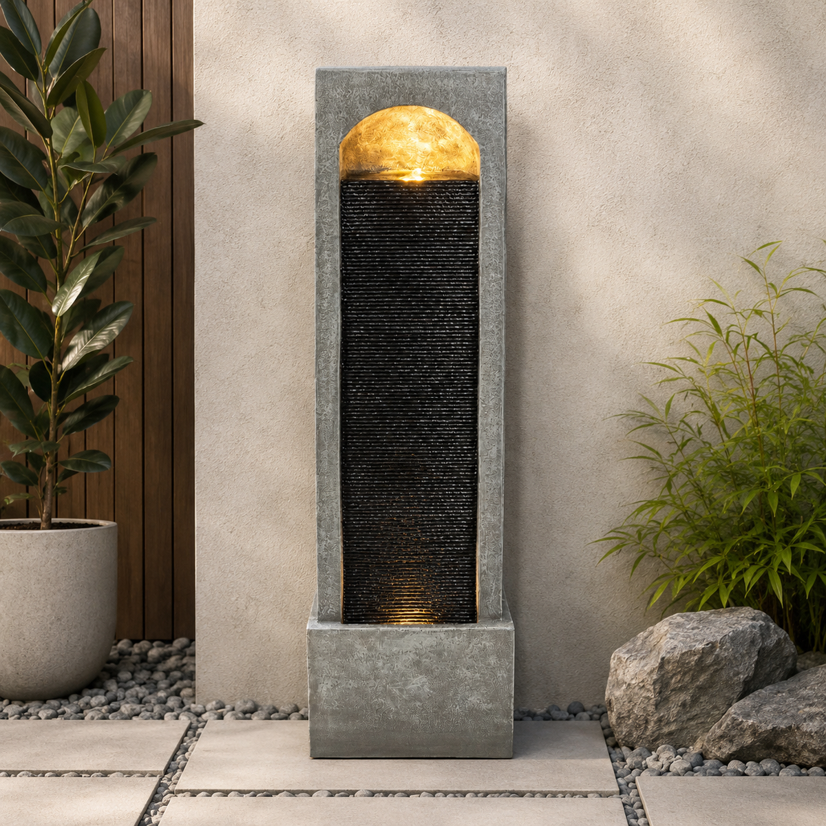Modern Vertical Waterfall Fountain, 39.4 in Dark Gray Resin Floor Fountain