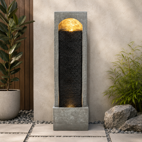 Modern Vertical Waterfall Fountain, 39.4 in Dark Gray Resin Floor Fountain