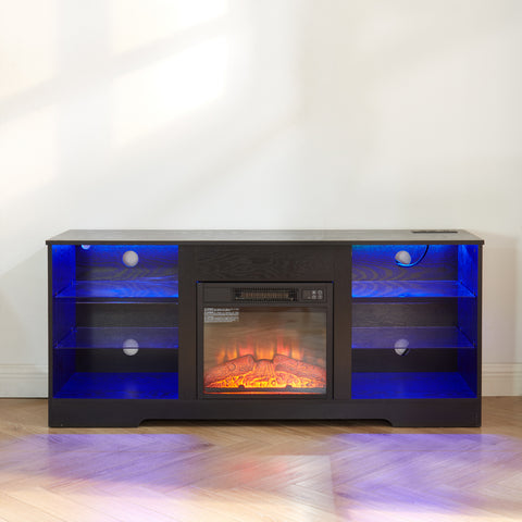 Electric Fireplace TV Stand with LED Lights and Glass Shelves, Black, view 18