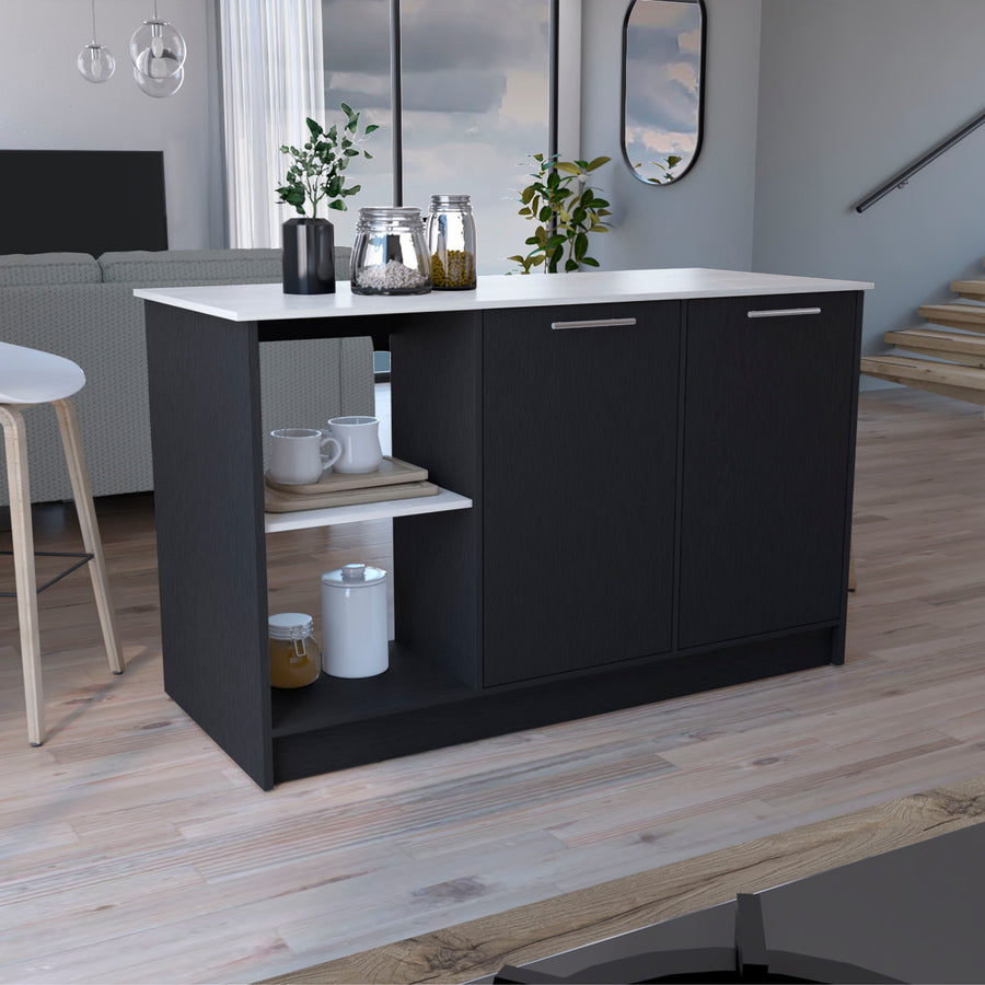 Juniper Kitchen Island with Large Top Surface, Double Door Cabinet, and Open Shelves Black / Ibiza Marble