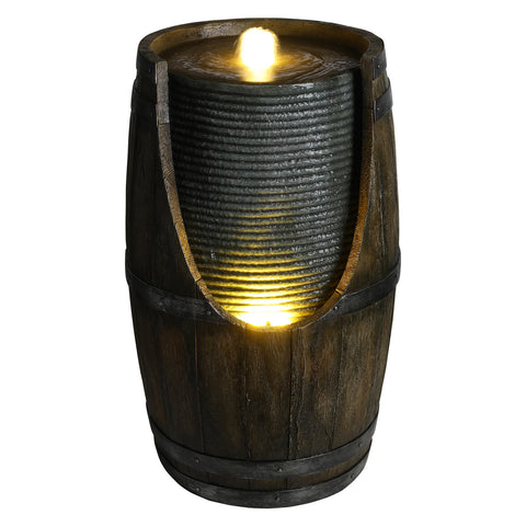 Rustic Barrel Water Fountain with LED Light, 24.8 in Grayish Green Resin