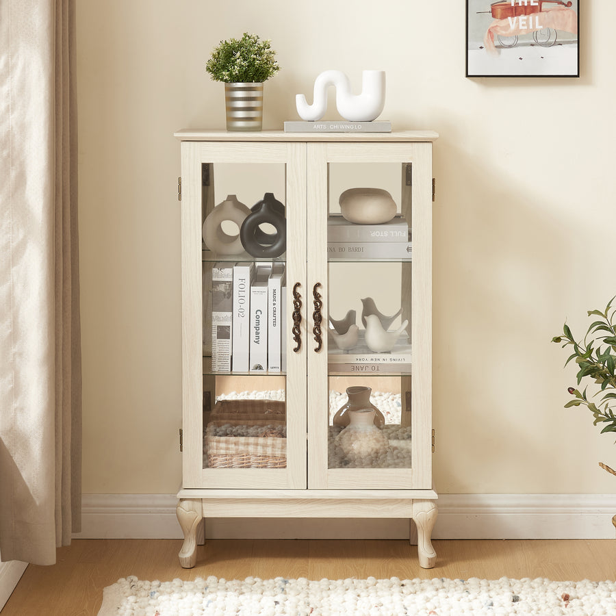 Lighted Curio Cabinet with Tempered Glass Doors and Mirrored Back, White, view 2
