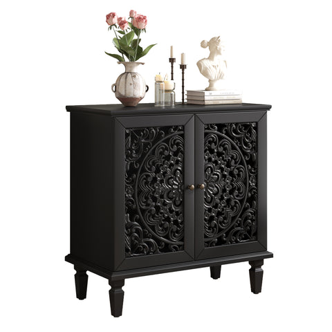 Vintage Accent Cabinet with Carved Floral Doors and Solid Wood Legs, Black, view 12