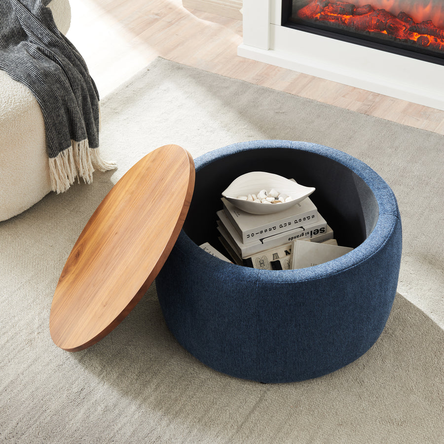 25.5' Navy Round 2-in-1 Storage Ottoman End Table