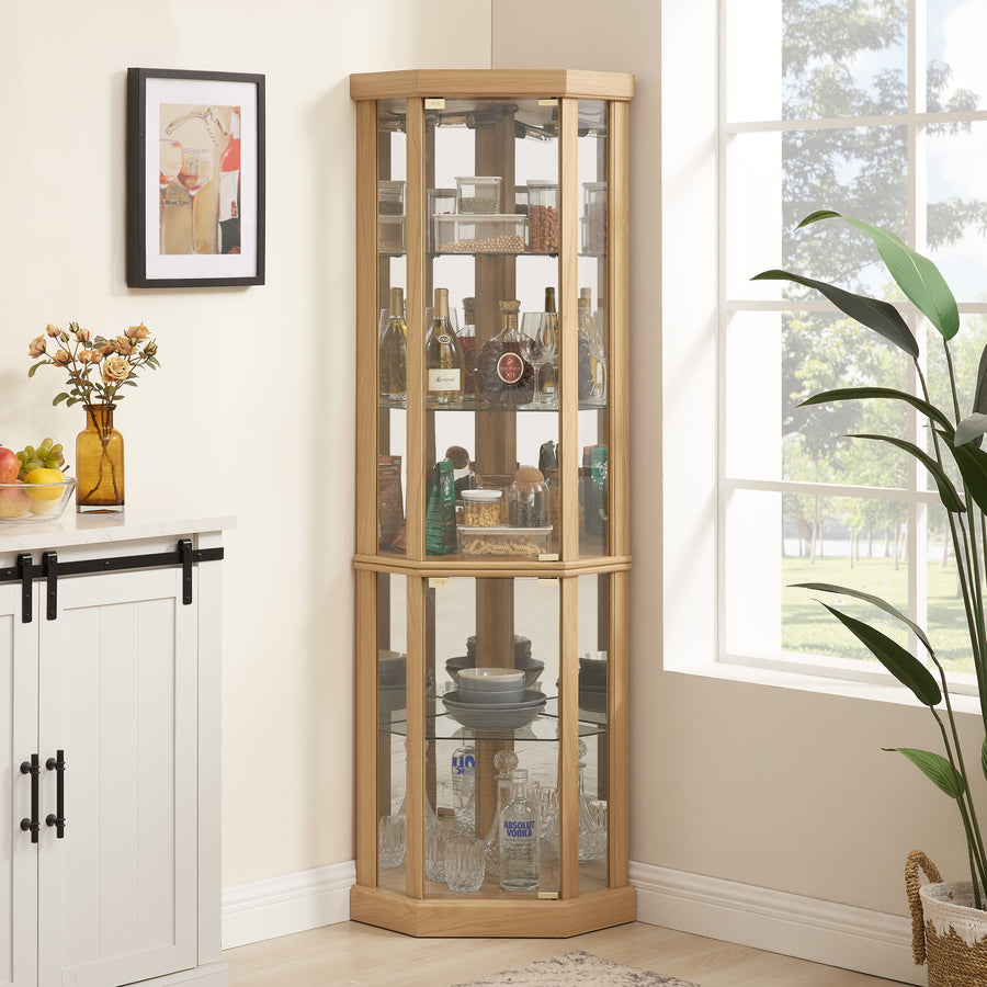 Lighted Corner Curio Cabinet with Glass Doors and Mirrored Back, Light Oak, view 2