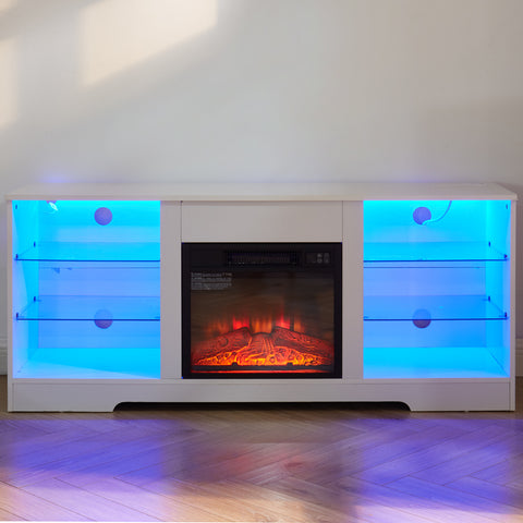 Electric Fireplace TV Stand with LED Lights and Glass Shelves, White, view 13