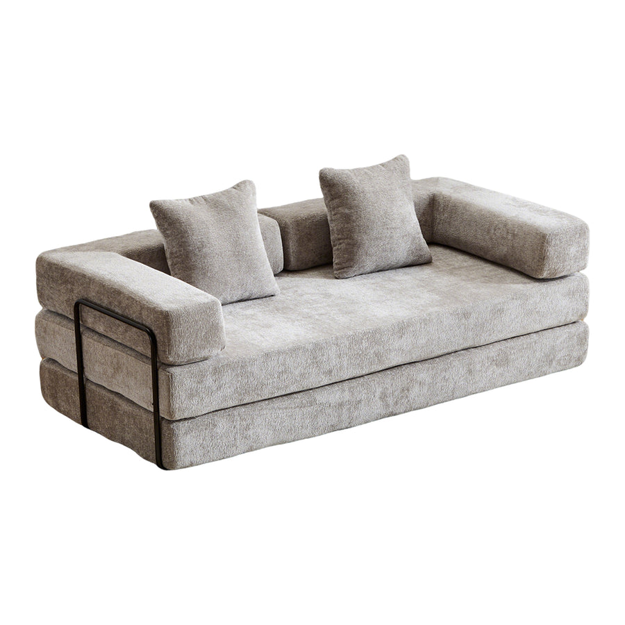 Light Grey Chenille Convertible Floor Sofa - Pillow Back & Armrest