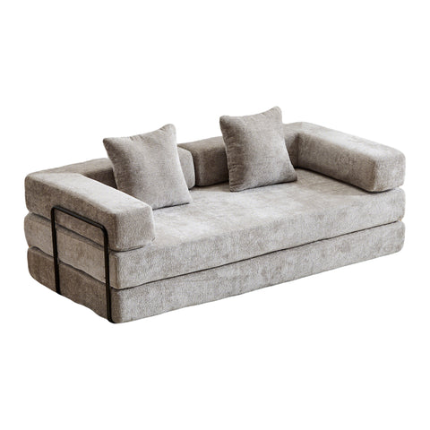 Light Grey Chenille Convertible Floor Sofa Bed - Pillow Back & Armrest