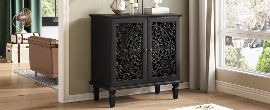 Vintage Accent Cabinet with Carved Floral Doors and Solid Wood Legs, Black, view 11