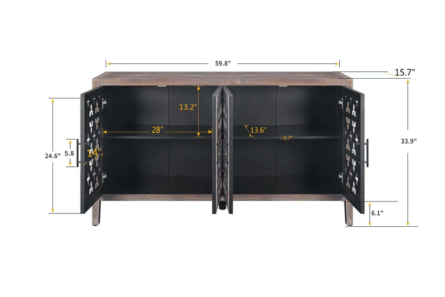 Rustic Sideboard with 4 Carved Hollow Doors, Antique Brown, view 5