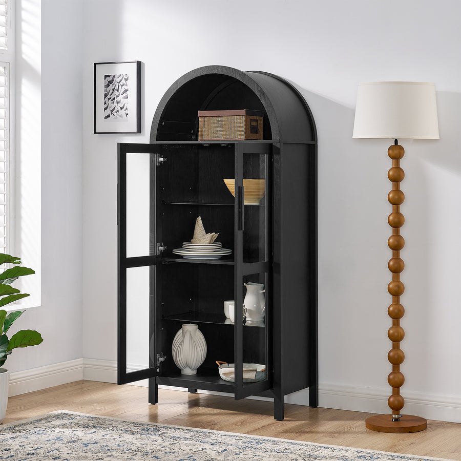 Arched Display Cabinet with Built-In Light and Adjustable Glass Shelves, Black, view 4