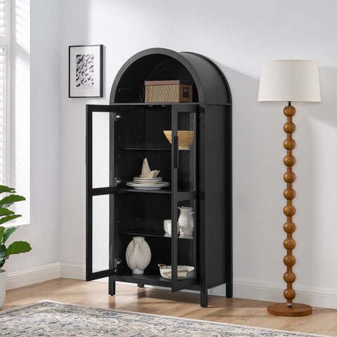Arched Display Cabinet with Built-In Light and Adjustable Glass Shelves, Black, view 4