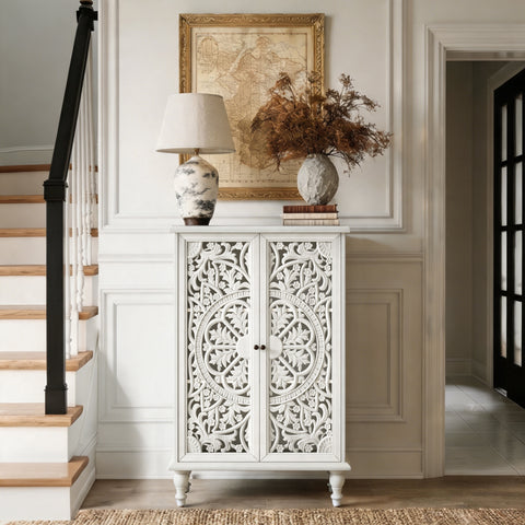 Farmhouse Accent Cabinet with Carved Hollow Doors and Turned Legs, Antique White, view 5