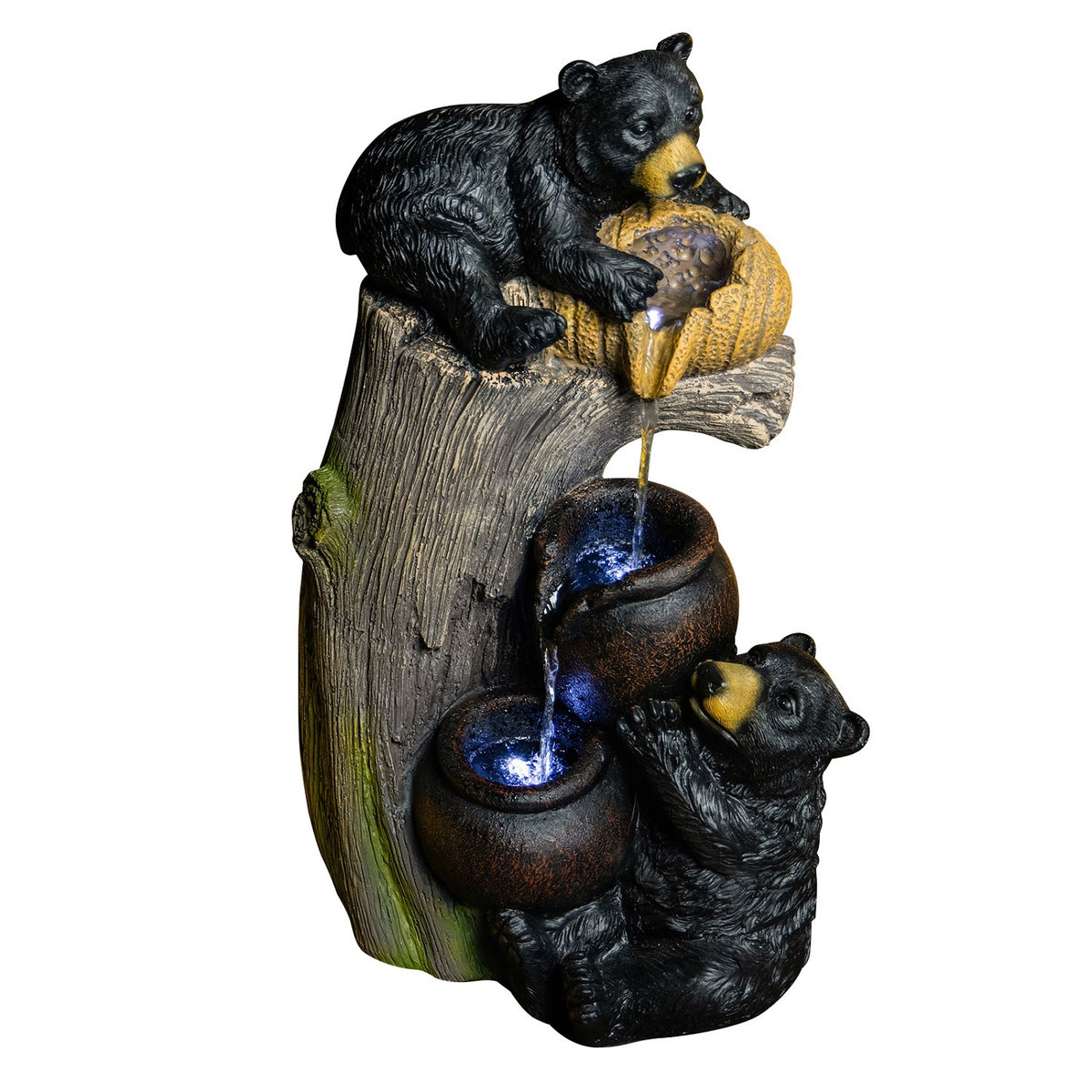 Bear Tree Stump Tiered Fountain with LED Lights, 23.6 in Brown Gray Resin