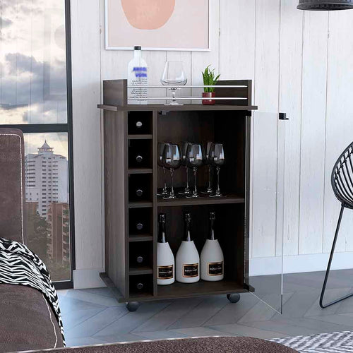 Bar Cart with Glass Door Cabinet and 6 Wine Cubbies, Locking Wheels, Carbon Espresso