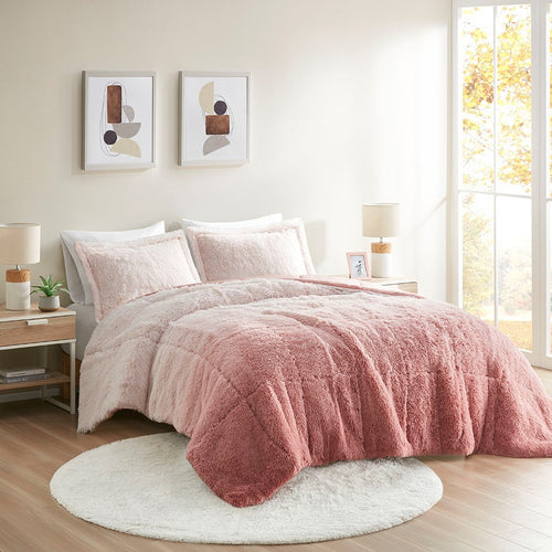 Shaggy Faux Fur Comforter Set, Ombre Long Fur Mini Set with 2 Shams, Full/Queen, Blush