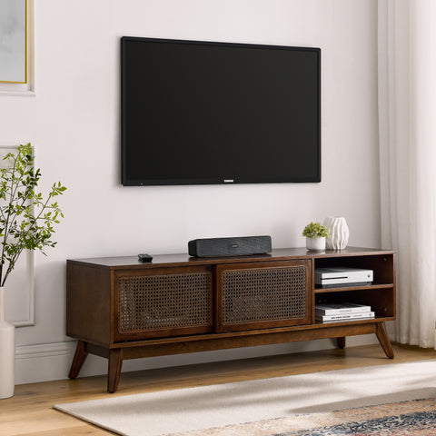 Mid-Century Rattan TV Stand for TVs Up to 65", Dark Wood, view 3