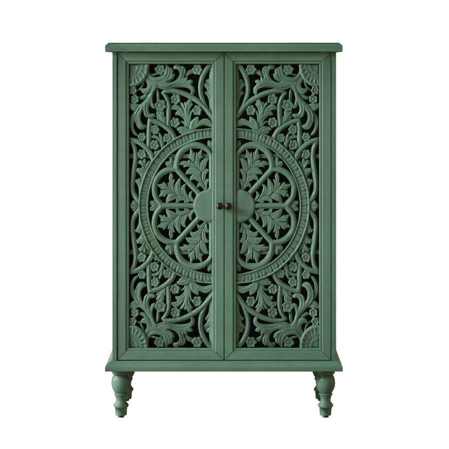 Farmhouse Accent Cabinet with Carved Hollow Doors and Turned Legs, Antique Green, view 12