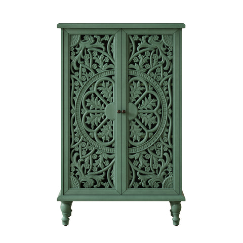 Farmhouse Accent Cabinet with Carved Hollow Doors and Turned Legs, Antique Green, view 12