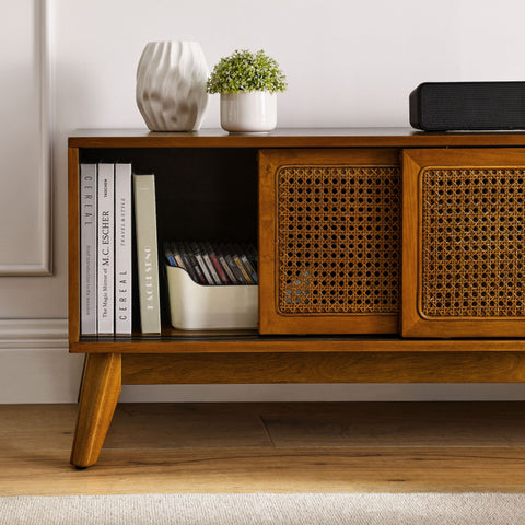 Mid-Century Rattan TV Stand for TVs Up to 65", Light Wood, view 4