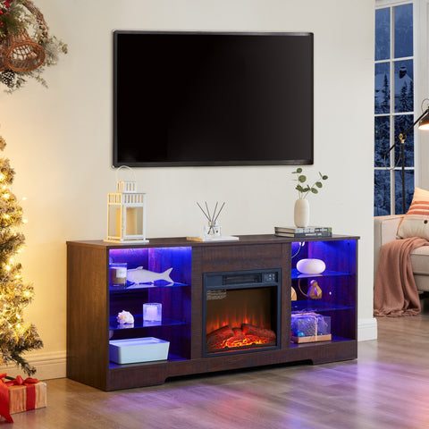 Electric Fireplace TV Stand with LED Lights and Glass Shelves, Espresso, view 3