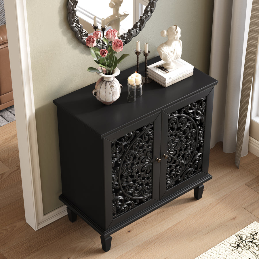 Vintage Accent Cabinet with Carved Floral Doors and Solid Wood Legs, Black, view 3