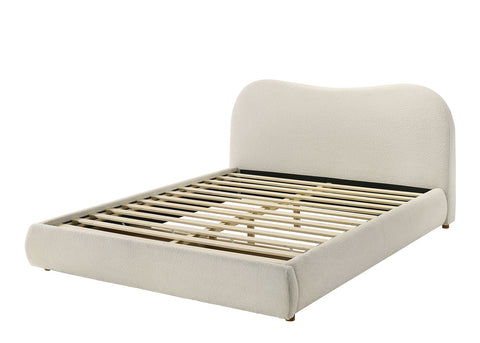 Boucle Upholstered Queen Bed with Curved Headboard and Footboard Storage Drawer, White, view 2