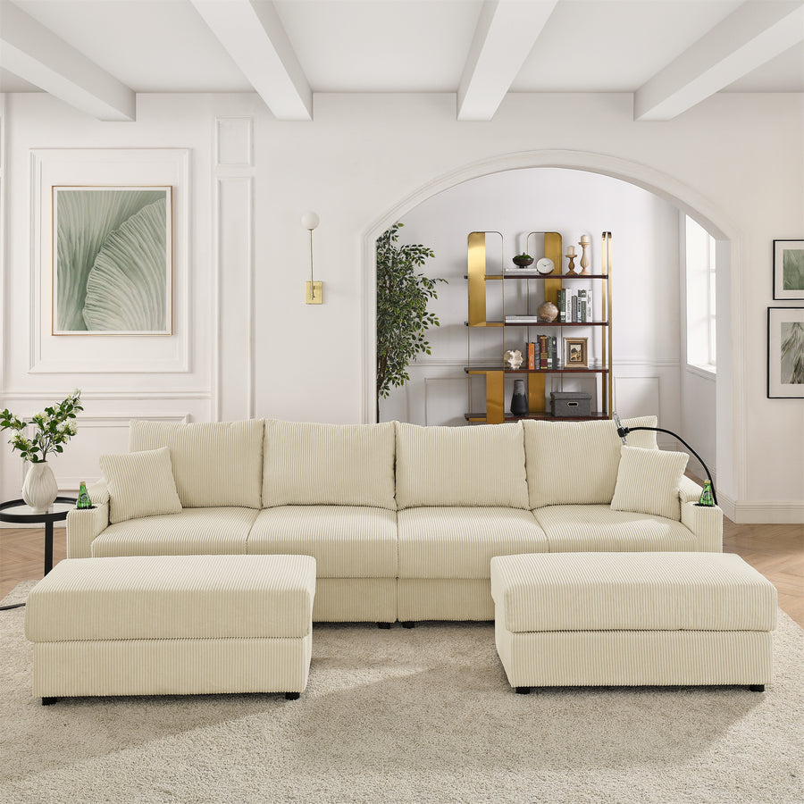 U-Shaped 4-Seater Sofa – Modern Corduroy Couch with Storage, Ottomans, Cup & Phone Holders