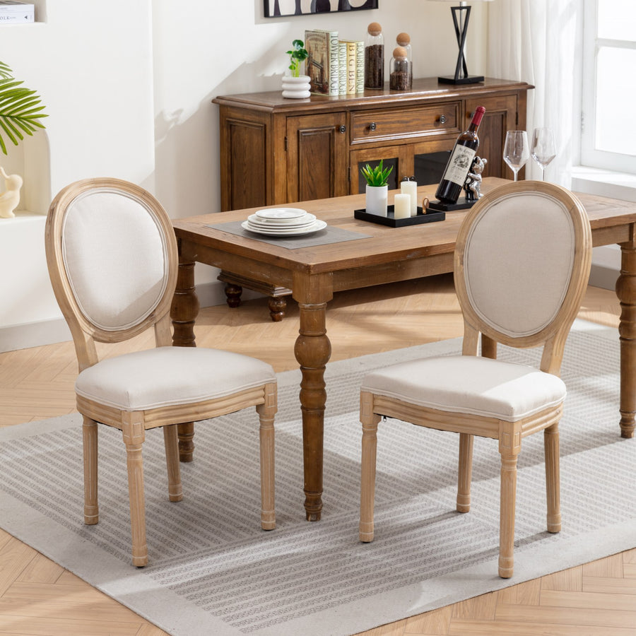 French Style 2PC Dining Chairs - Solid Wood Frame Linen Fabric Beige
