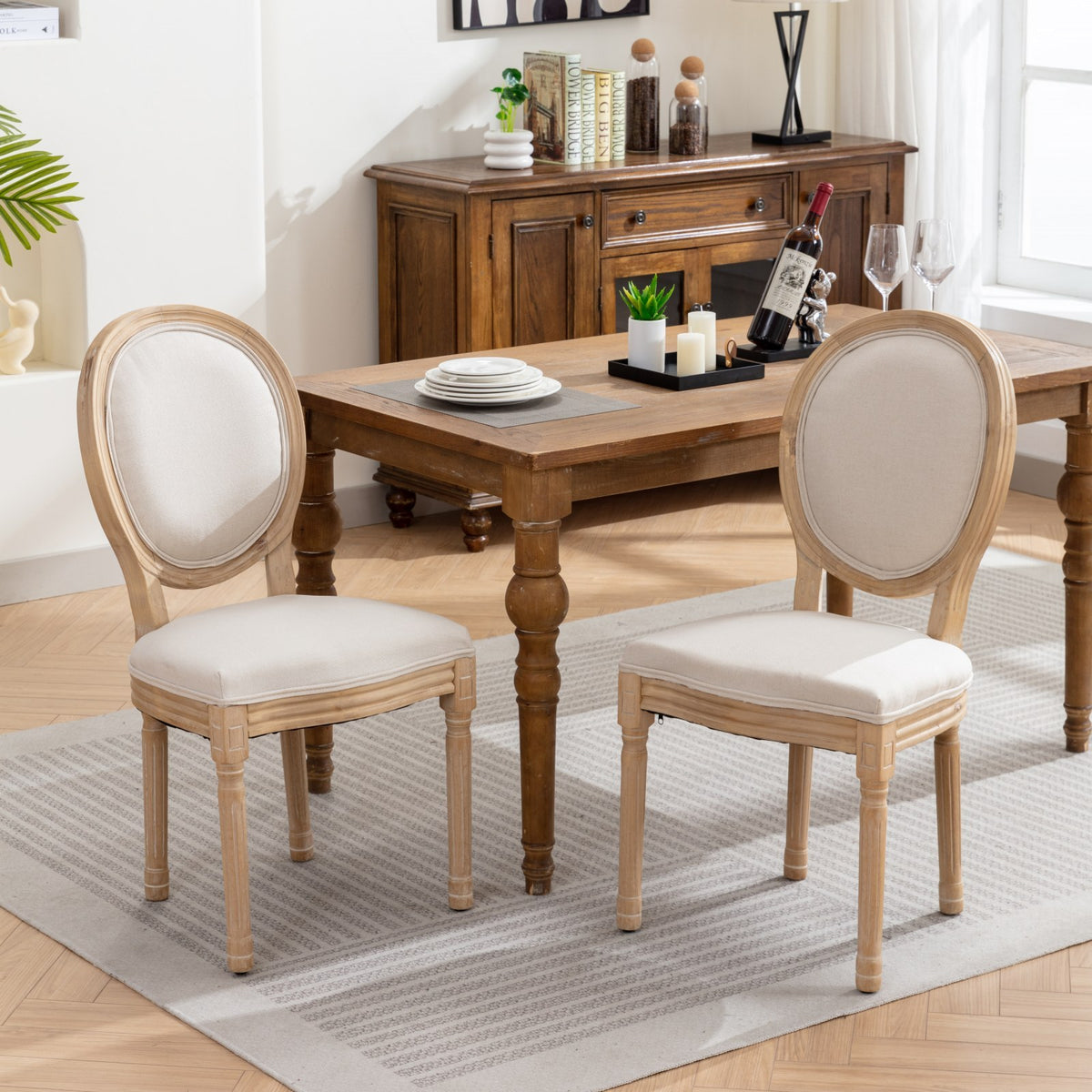 French Style 2PC Dining Chairs - Solid Wood Frame Linen Fabric Beige