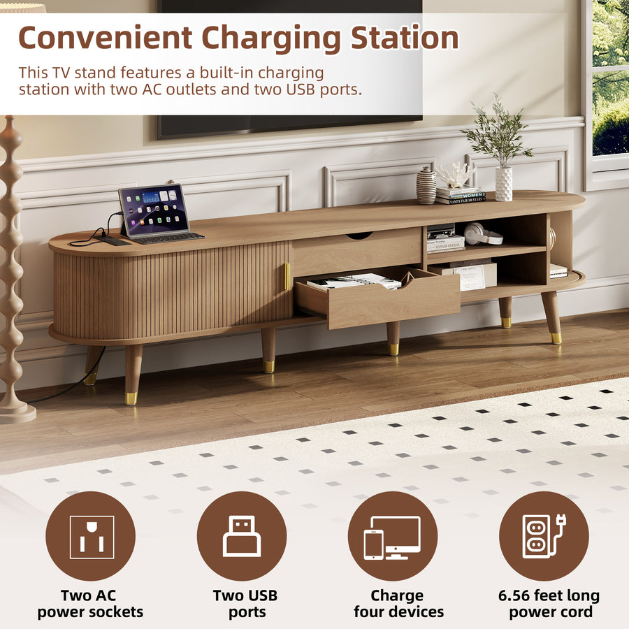 Fluted Oval TV Stand with Charging Station, Natural, view 7
