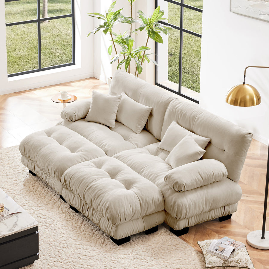 Light Coffee Chenille 2-Seat Cloud Sofa Bed - Wide Arm + 4 Pillows & 2 Ottomans