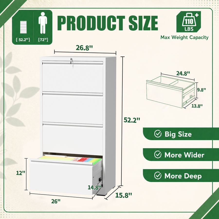 4-Drawer Lateral File Cabinet with Lock, White, view 2
