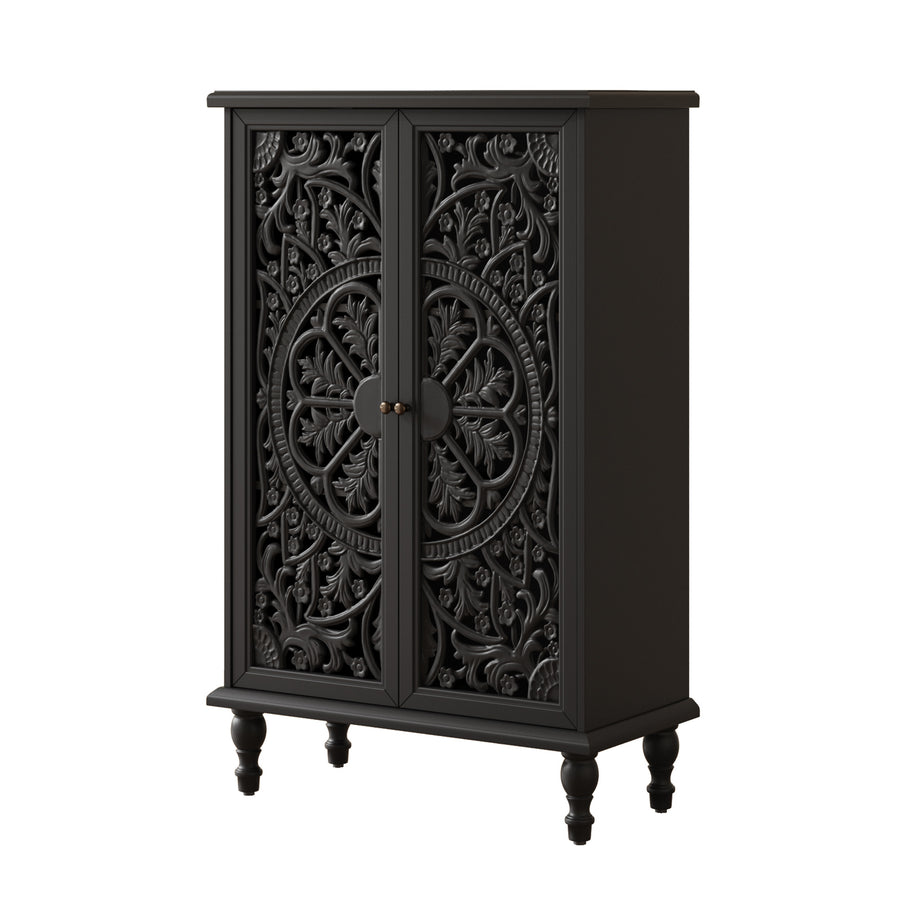 Farmhouse Accent Cabinet with Carved Hollow Doors and Turned Legs, Black, view 13